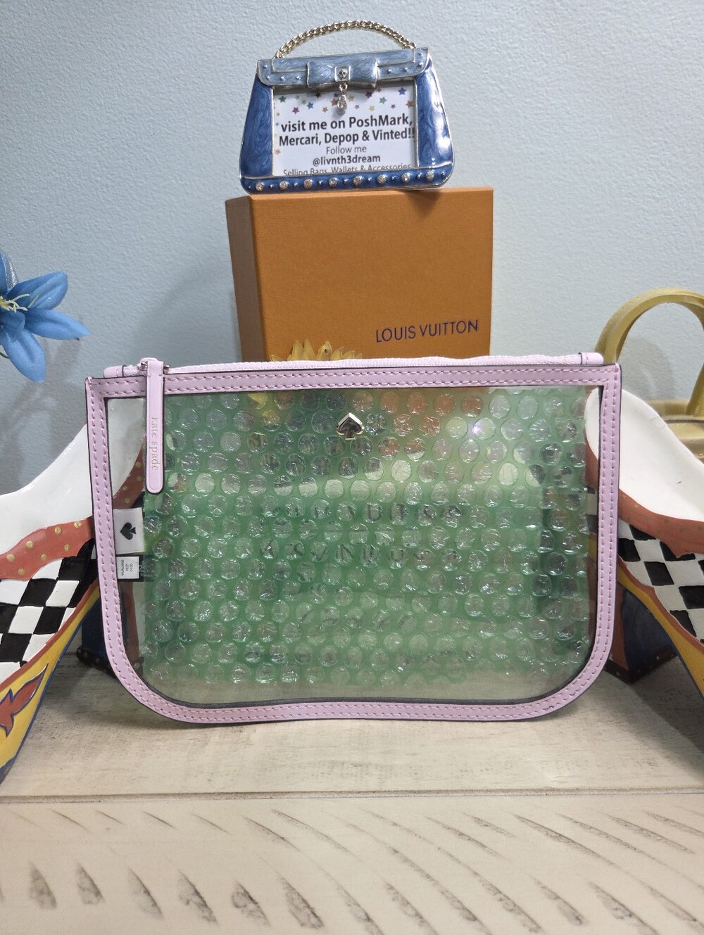 Kate Spade Jae Clear Slim Cosmetic Bag Pouch Serendipity Pink Leather Trim, NWOT